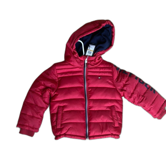 Tommy Hilfiger Boys Hooded Puffer jacket 3 Toddler Red Blue Winter Fall Flawed - Picture 1 of 7